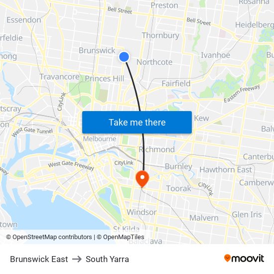 Brunswick East to South Yarra map