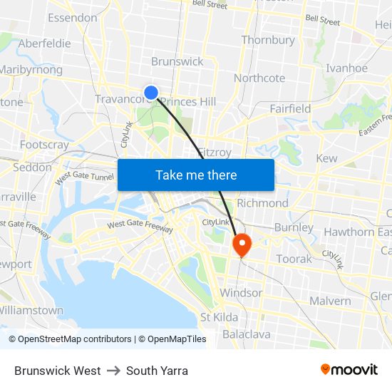 Brunswick West to South Yarra map