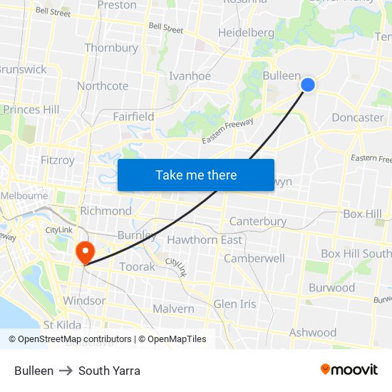 Bulleen to South Yarra map