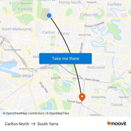 Carlton North to South Yarra map