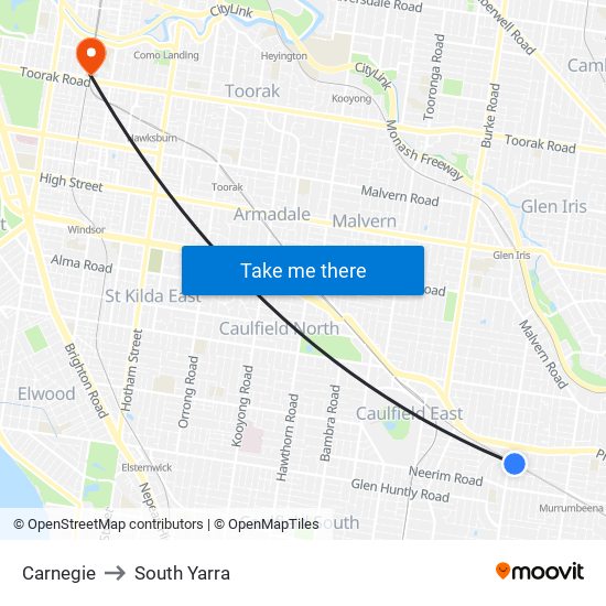 Carnegie to South Yarra map