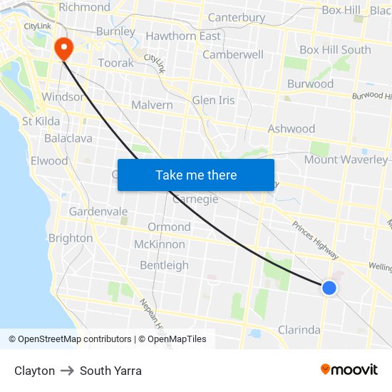 Clayton to South Yarra map