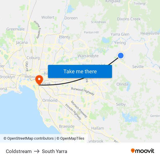 Coldstream to South Yarra map