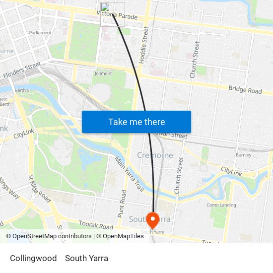 Collingwood to South Yarra map