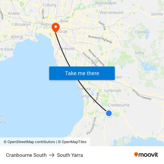 Cranbourne South to South Yarra map