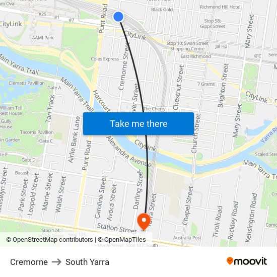 Cremorne to South Yarra map