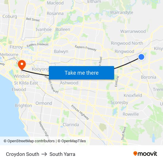 Croydon South to South Yarra map