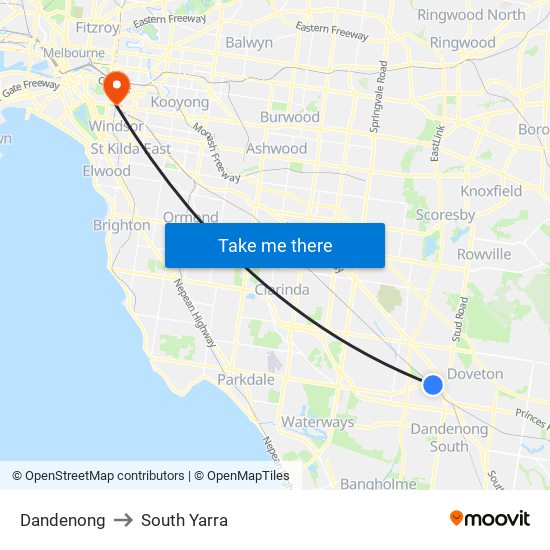 Dandenong to South Yarra map