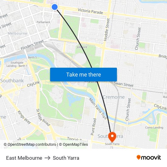 East Melbourne to South Yarra map