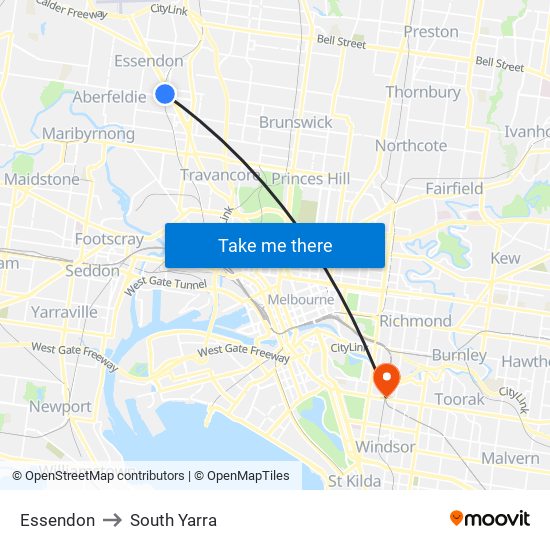 Essendon to South Yarra map