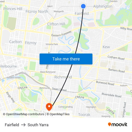 Fairfield to South Yarra map