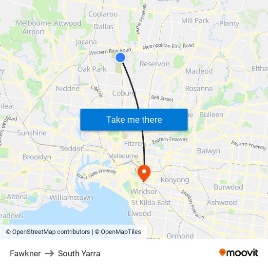 Fawkner to South Yarra map