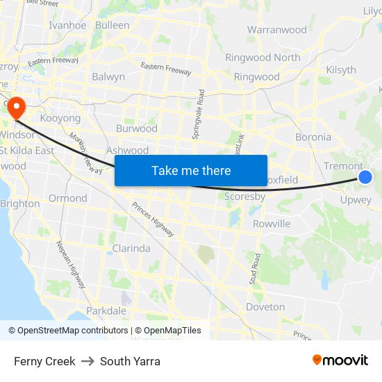 Ferny Creek to South Yarra map