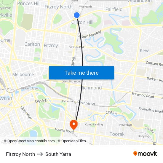 Fitzroy North to South Yarra map