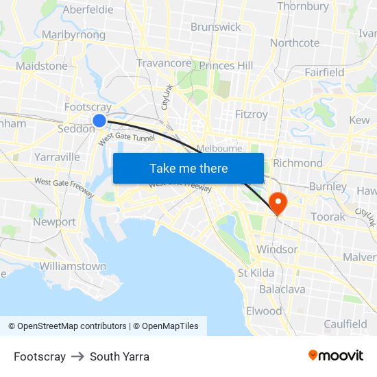 Footscray to South Yarra map