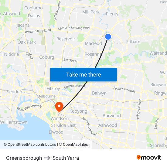 Greensborough to South Yarra map