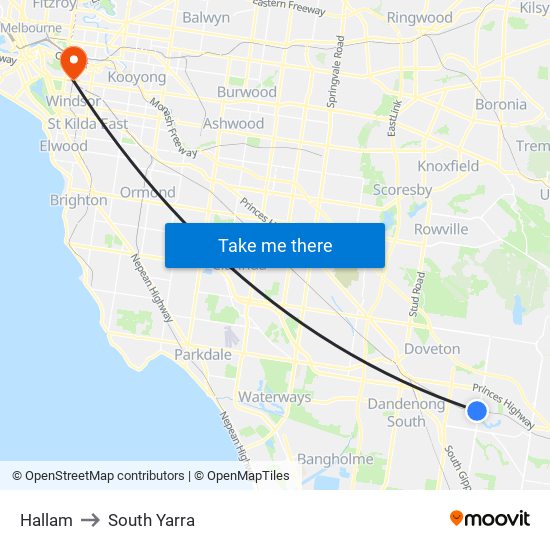 Hallam to South Yarra map