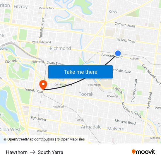Hawthorn to South Yarra map