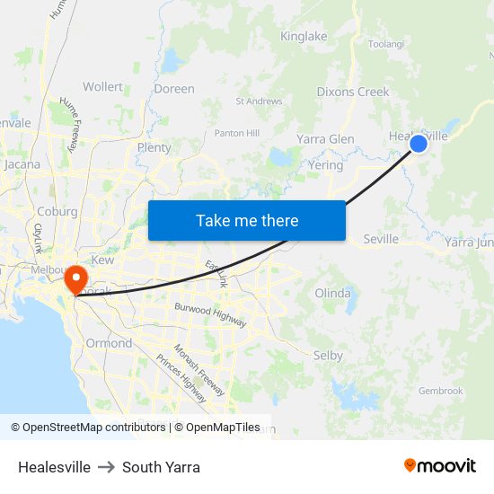 Healesville to South Yarra map