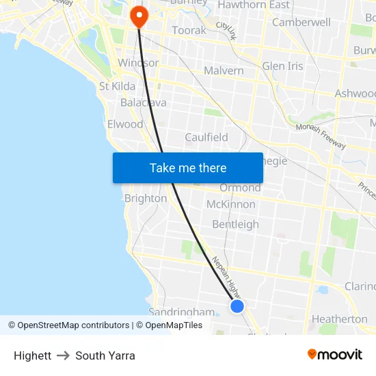 Highett to South Yarra map