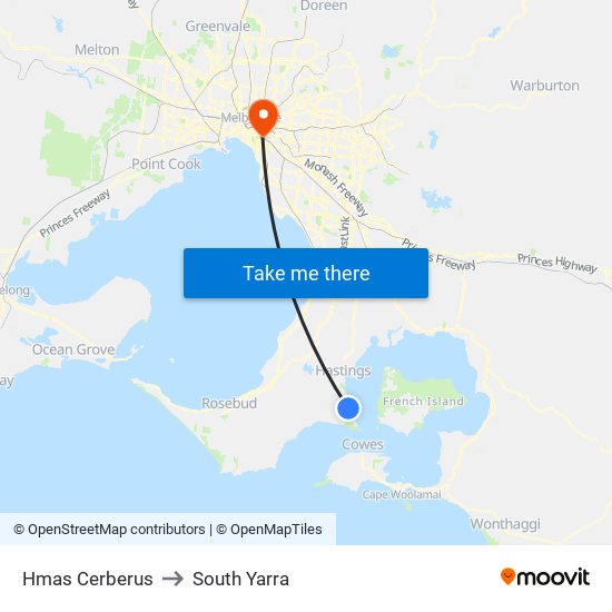 Hmas Cerberus to South Yarra map