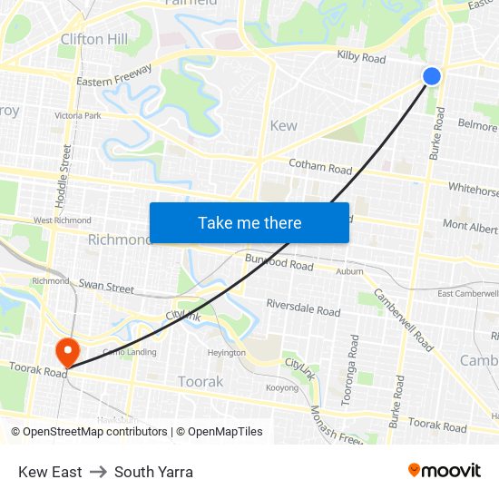 Kew East to South Yarra map