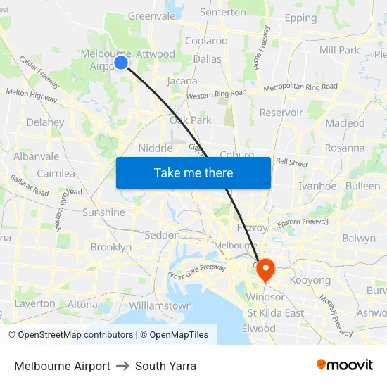 Melbourne Airport to South Yarra map