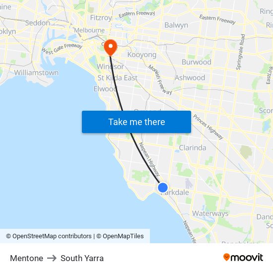 Mentone to South Yarra map