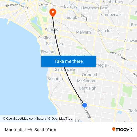 Moorabbin to South Yarra map