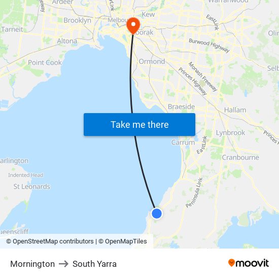 Mornington to South Yarra map