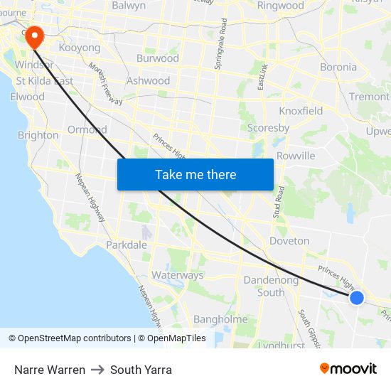 Narre Warren to South Yarra map