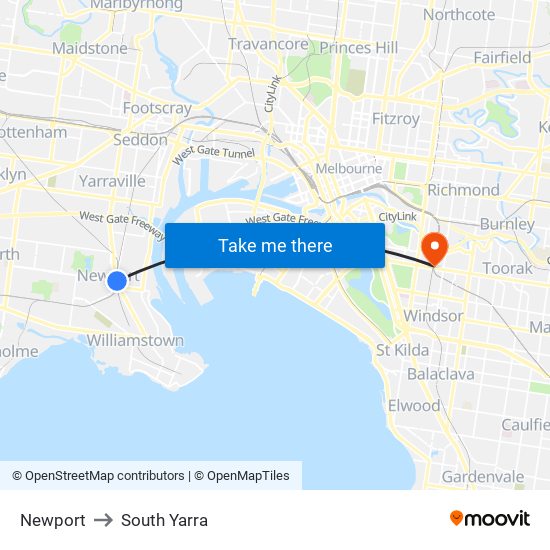 Newport to South Yarra map