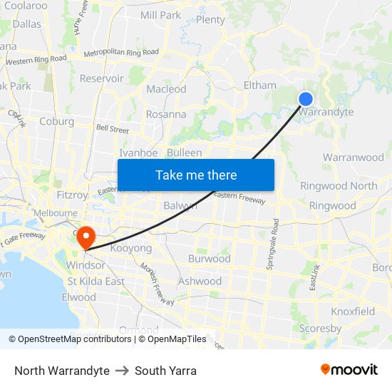 North Warrandyte to South Yarra map