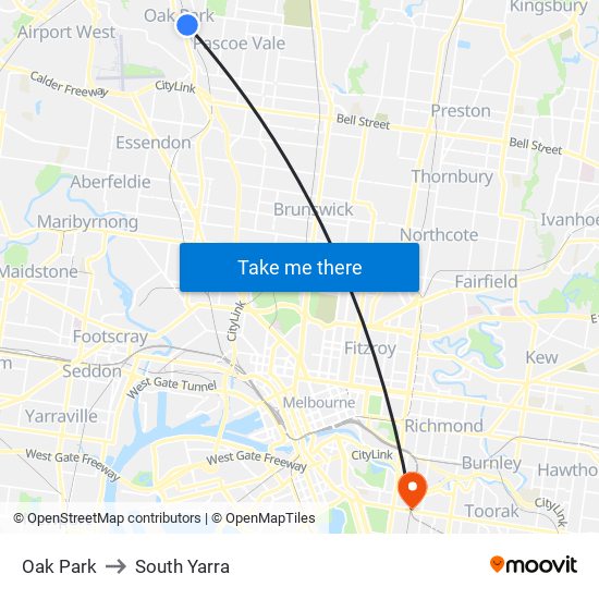 Oak Park to South Yarra map