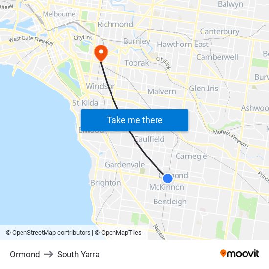 Ormond to South Yarra map