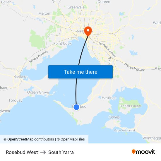 Rosebud West to South Yarra map