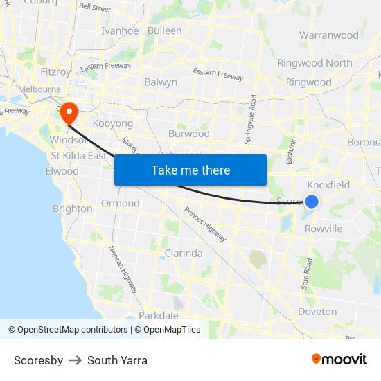 Scoresby to South Yarra map