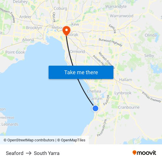 Seaford to South Yarra map