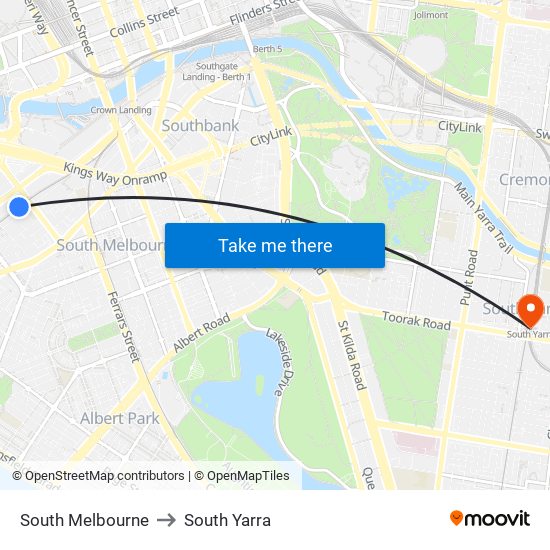 South Melbourne to South Yarra map