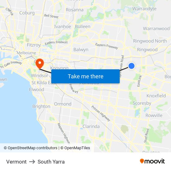 Vermont to South Yarra map