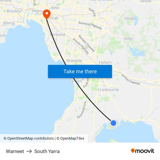 Warneet to South Yarra map