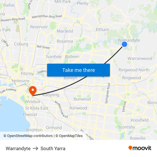 Warrandyte to South Yarra map