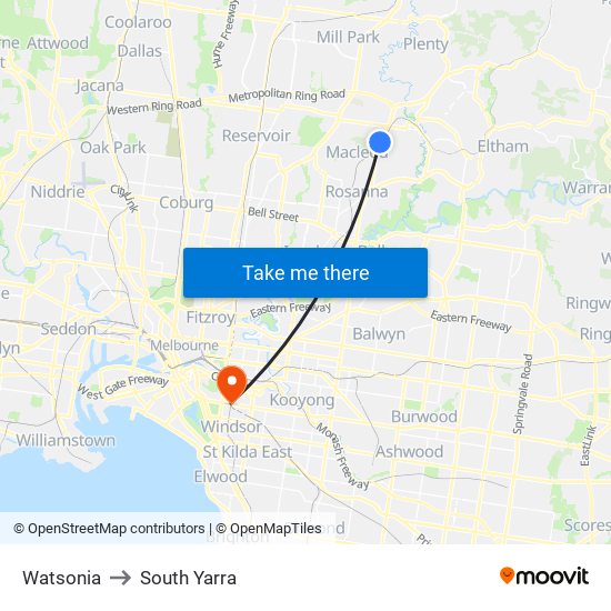 Watsonia to South Yarra map