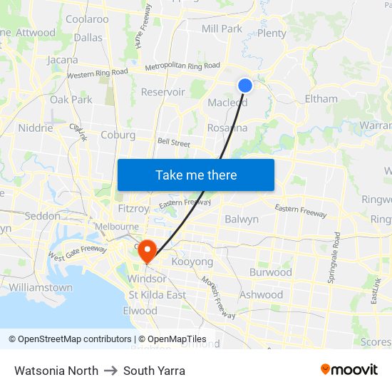 Watsonia North to South Yarra map