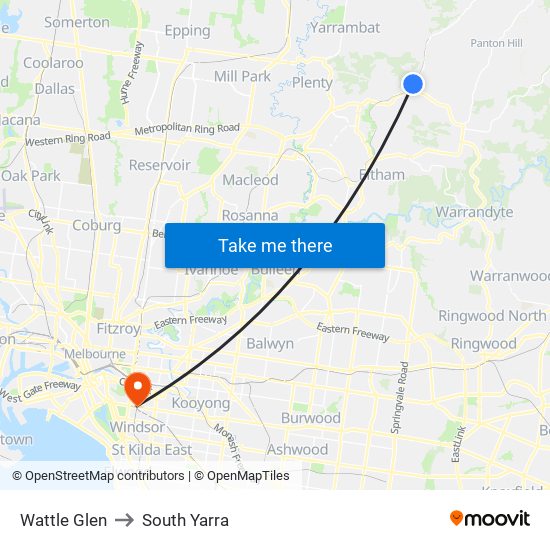 Wattle Glen to South Yarra map