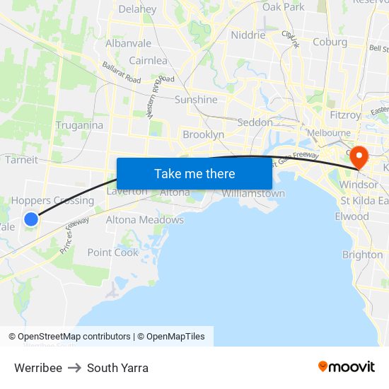 Werribee to South Yarra map