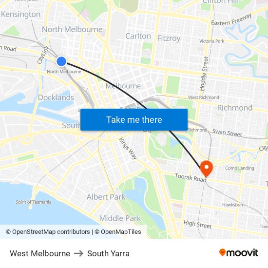 West Melbourne to South Yarra map