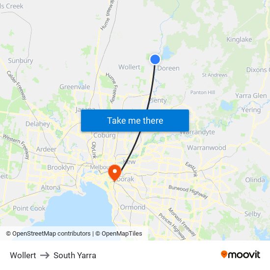 Wollert to South Yarra map