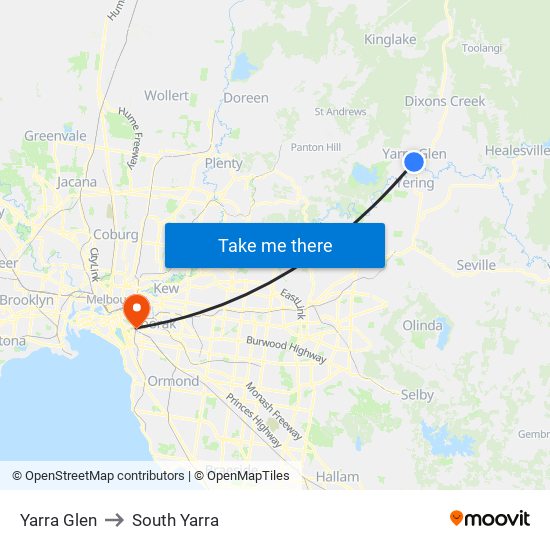 Yarra Glen to South Yarra map