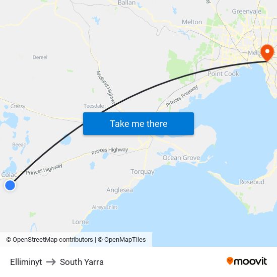 Elliminyt to South Yarra map